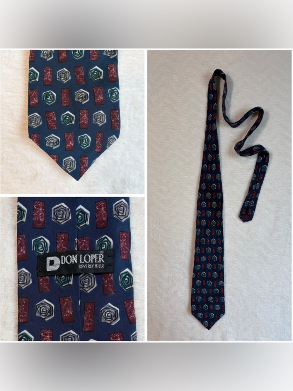 Don Loper Men's Geometric Blue Burgundy Gray Green Silk Woven Designer Tie